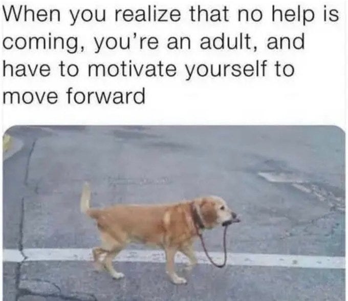 A golden retriever dog with a brown collar walks on a gray paved path bordered by green grass, holding the end of its red leash in its mouth as if pulling itself forward. The dogs tail is raised and it appears focused ahead. Text overlay at the top reads When you realize that no help is coming, you are an adult, and have to motivate yourself to move forward.
