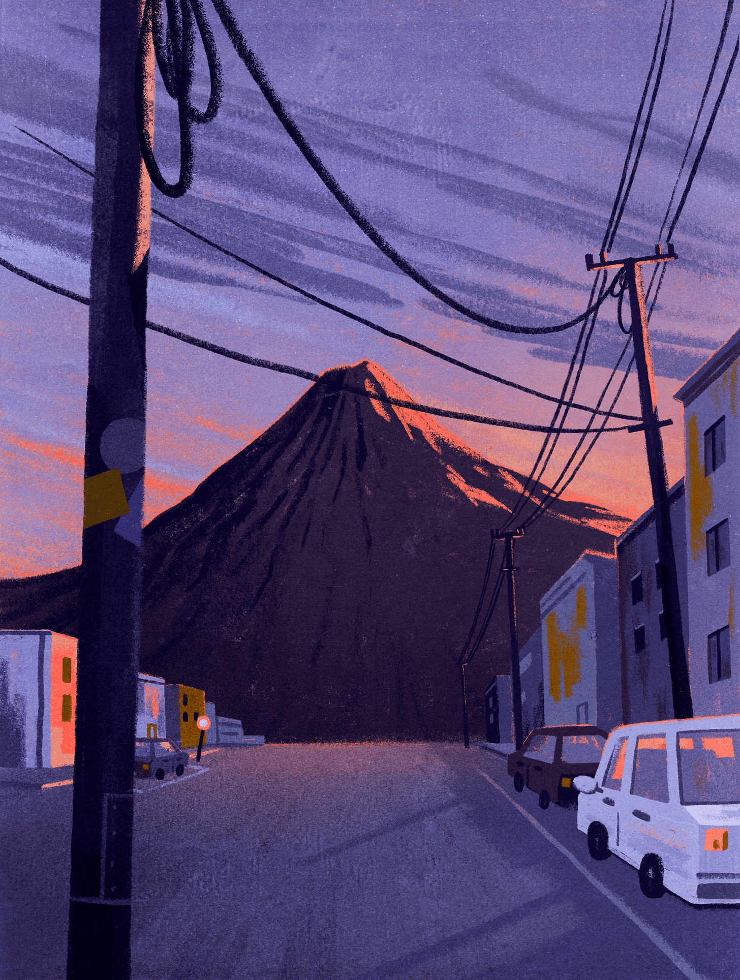 Street view with buildings, sunset, volcano illustration on the background.