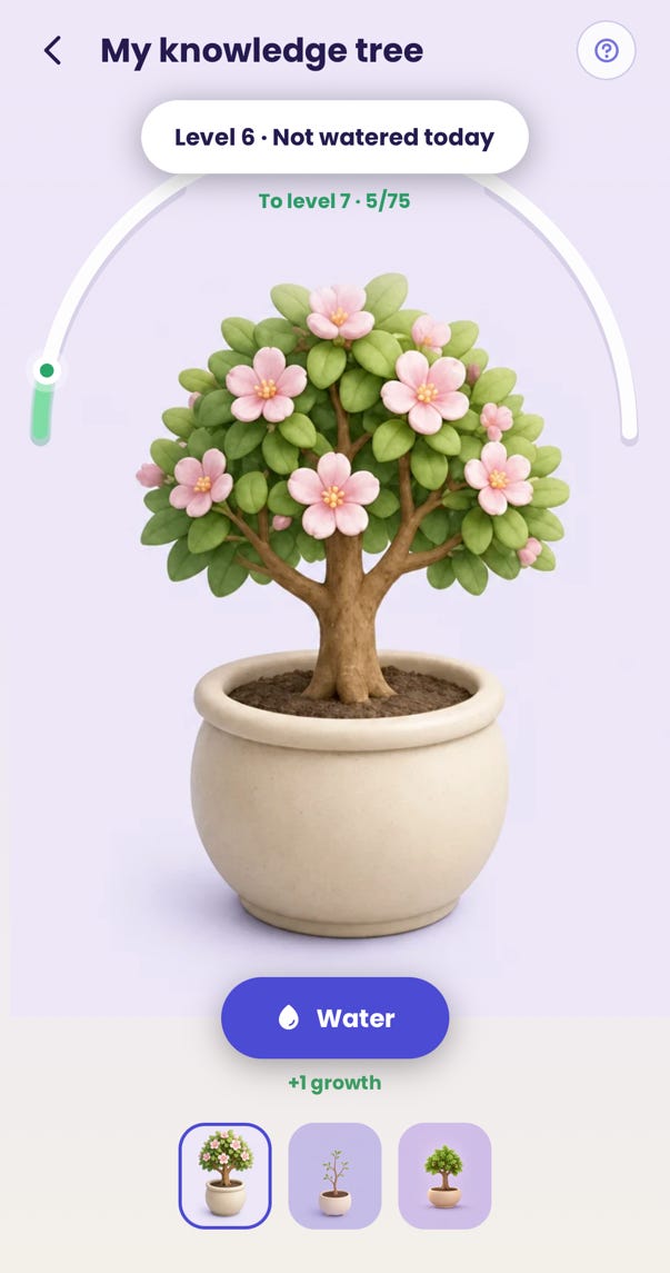 The knowledge tree in the app at level six, not yet watered today, with a Water button below it. The knowledge tree in the app at level six, not yet watered today, with a Water button below it.