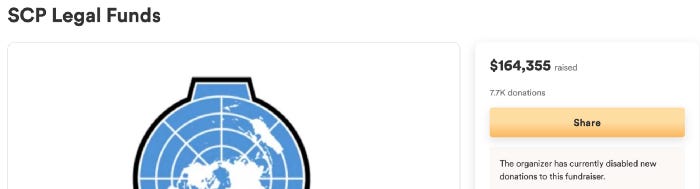 SCP Wiki’s official legal funds GoFundMe, with $164,355 donated.