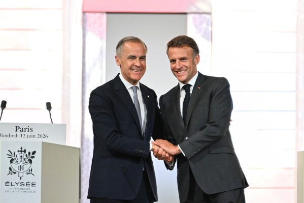 French President Emmanuel Macron, right, and Canada's Prime Minister Mark Carney at the Palais de l'Elysee in Paris, Friday June 12, 2026. (AP Photo/Emma Da Silva, Pool)
