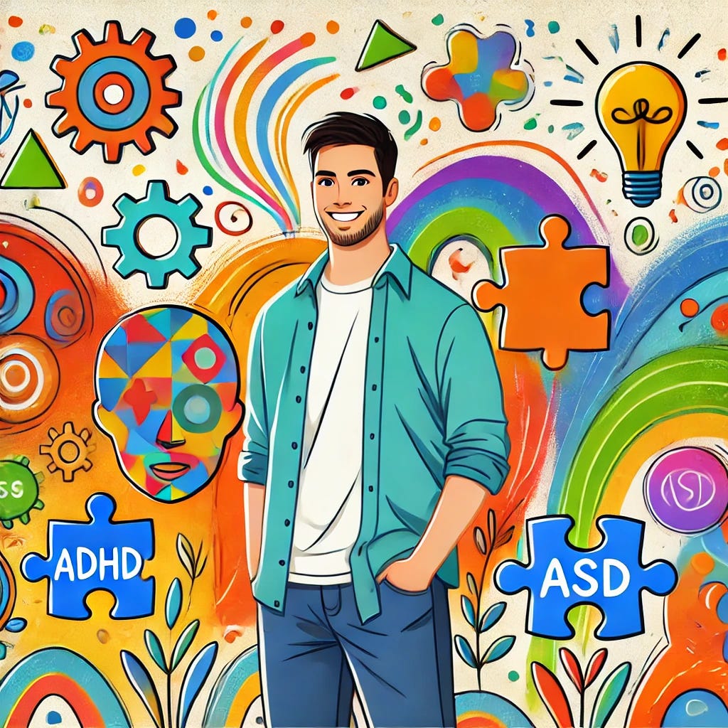 A vibrant and colorful illustration of a confident neurodivergent man standing proudly in a whimsical, abstract environment filled with playful, quirky shapes and patterns that symbolize uniqueness and creativity. The man is smiling warmly, wearing casual clothing that reflects individuality, surrounded by icons representing ADHD and ASD traits, such as puzzle pieces, thought bubbles, and lightbulbs. The setting conveys a sense of self-acceptance and celebration of individuality. The colors are bright and inviting, evoking joy and empowerment.