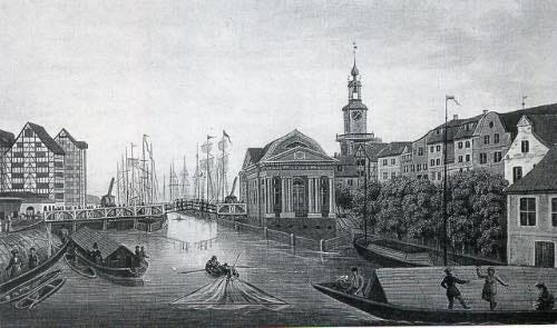 Königsberg, c1810. The 'Green Bridge' spans the river Pregel.  Original work probably by Wilhelm Barth (1779–1852).