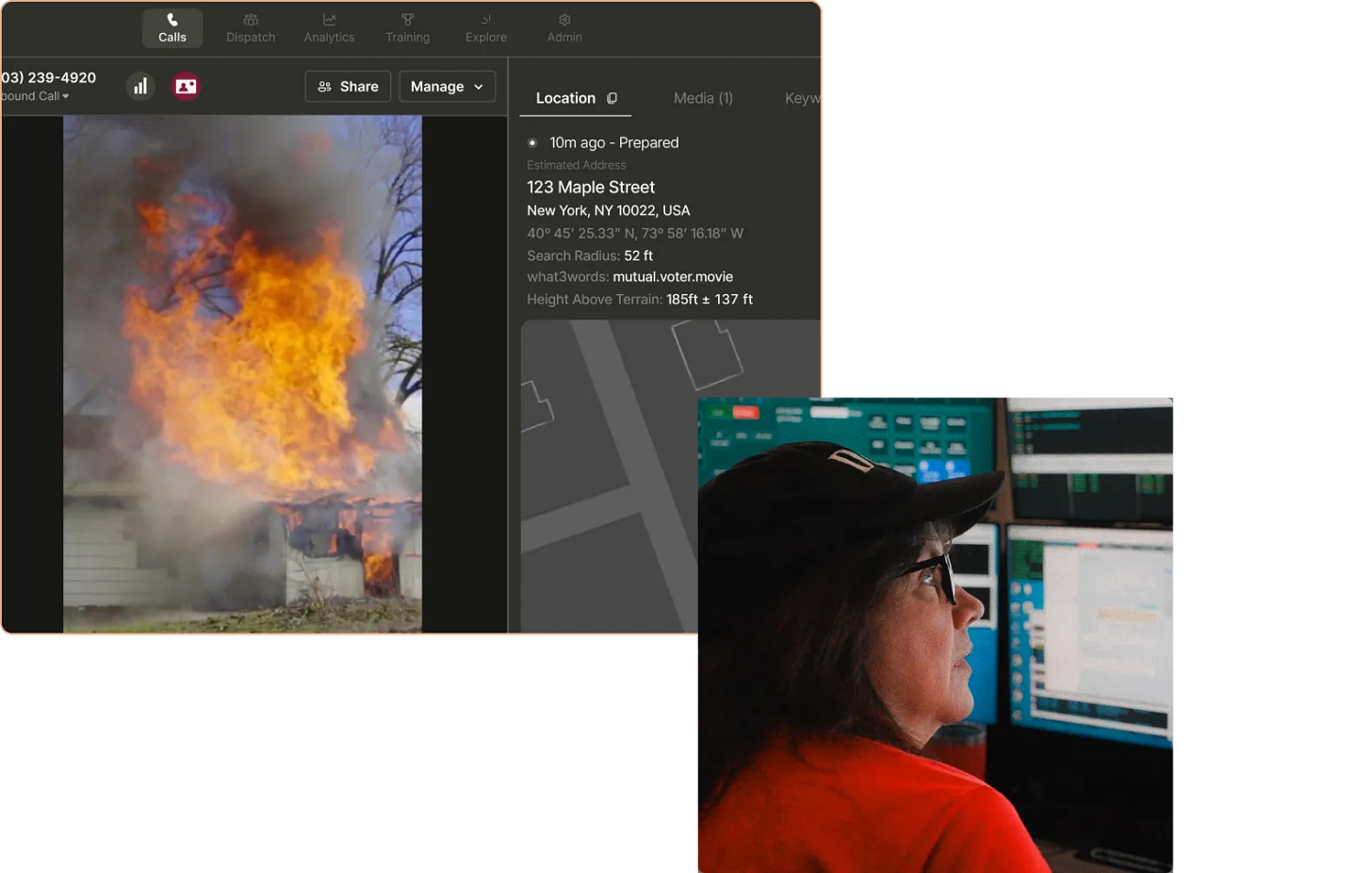 A side profile of a 911 operator with a product screenshot behind them