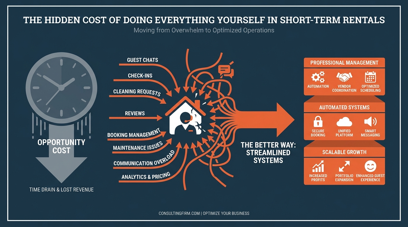 The hidden cost of doing it yourself — guest messages funnel into one overwhelmed operator while opportunity drains away.
