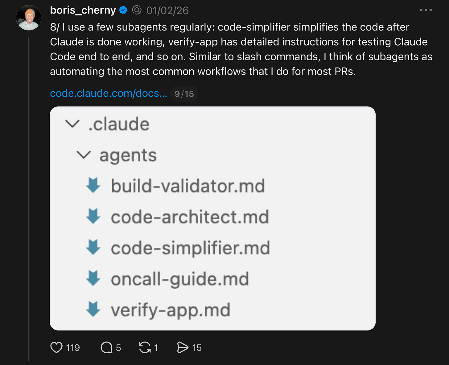 Boris's custom subagents for code simplification and verification