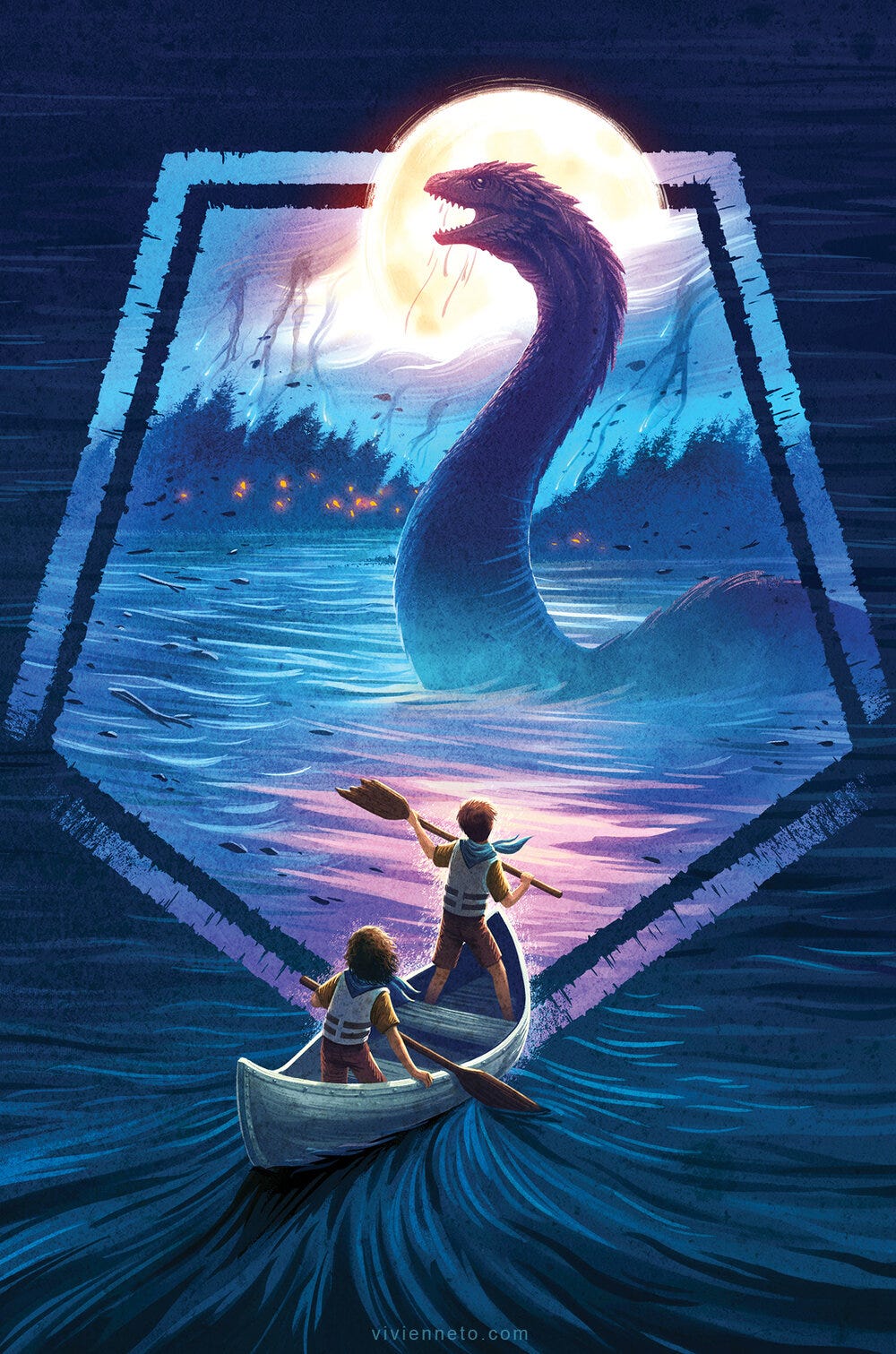 Book cover for Arlo Finch in the Lake of the Moon. A large monster lifts its head out of the water on a long neck. A full moon shines on a dense woods spotted with campfires. In the foreground, two children in scout uniforms paddle a canoe toward the creature. Book cover for Arlo Finch in the Lake of the Moon. A large monster lifts its head out of the water on a long neck. A full moon shines on a dense woods spotted with campfires. In the foreground, two children in scout uniforms paddle a canoe toward the creature.