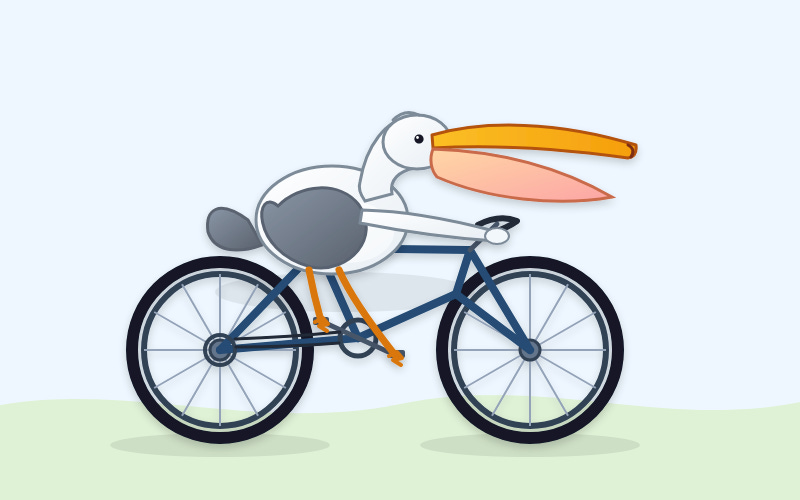 Described by GPT-5.4: Illustration of a cartoon pelican riding a blue bicycle on pale green grass against a light gray background, with a large orange beak, gray-and-white body, and orange legs posed on the pedals.