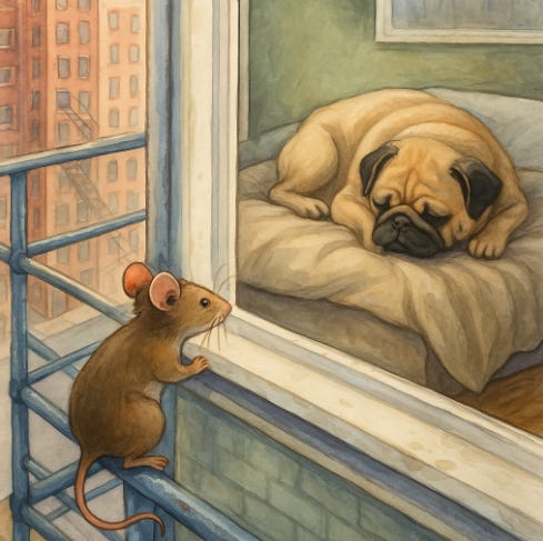 Illustration of a small mouse peeking through a slightly open window at a cozy indoor scene. A puggle, visibly older with a graying muzzle, is curled up asleep on a soft dog bed. Warm lighting and gentle shadows create a peaceful, quiet atmosphere.