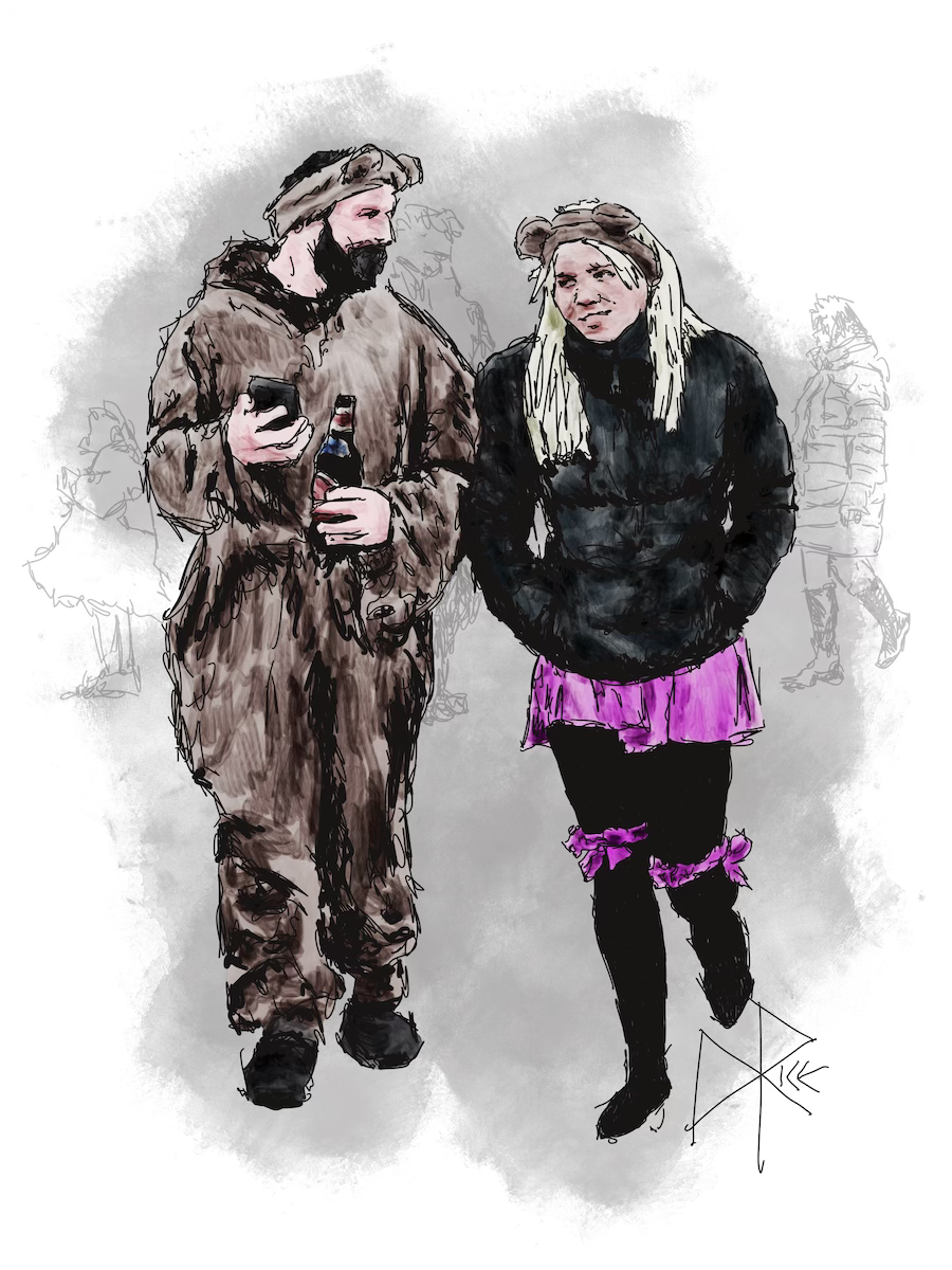 A couple in halloween cosplay mode, wearing ‘bear ear’ headbands. The man completes his costume with a full bear onesie while the woman wears more typical human clothing. They coordinate their future plans as they drink and play at a party. Sketch art by Don Rice.