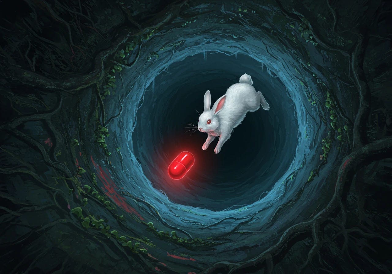 A white rabbit chasing a red pill down a hole