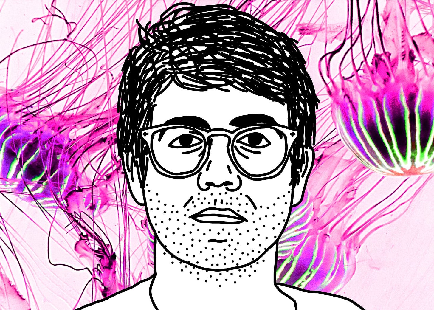 A black line drawing of Alex, the protagonist of "I Hear You Watching." He is white, short messy parted hair, glasses. He stares straight at you, unsmiling. He has a five-o’clock shadow and bags under his eyes. Behind him is a stretchy tangle of tentacles from bulbous, neon pink and green alien jellyfish.
