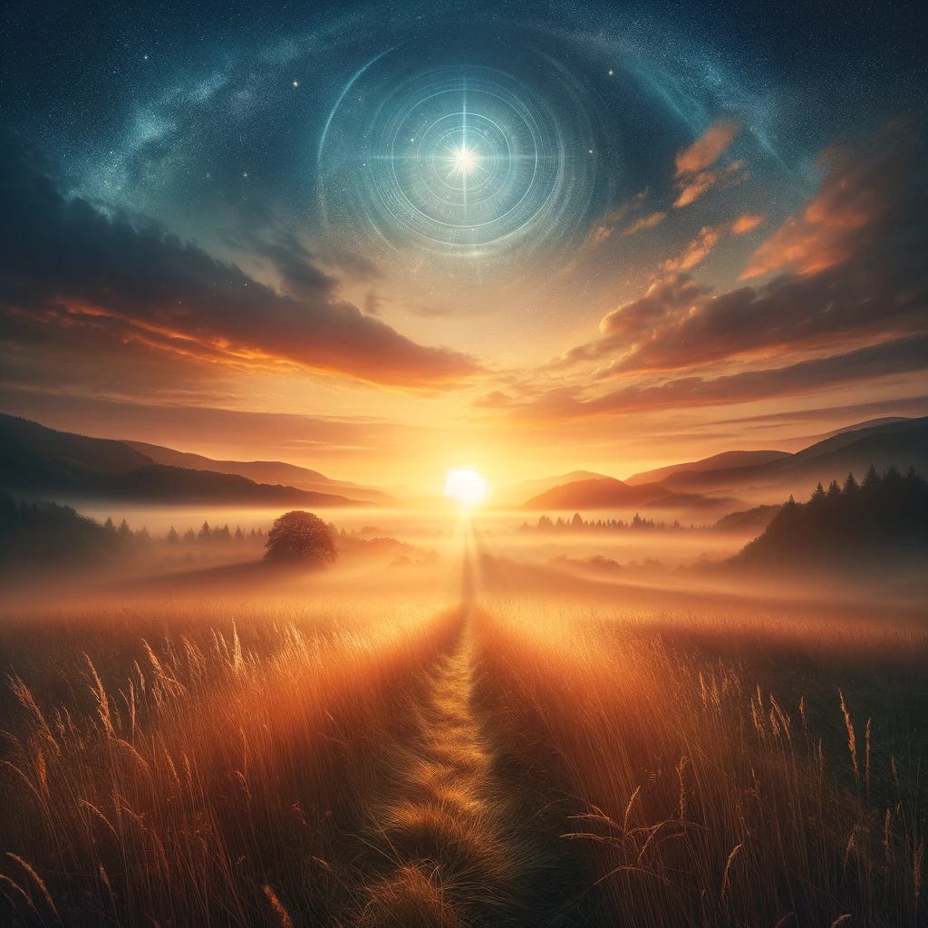 A symbolic and inspirational image representing the theme of new beginnings and hope for the new year. The image should depict a serene landscape at dawn, with the first light of the sun illuminating the horizon, symbolizing the start of a new day and new opportunities. The scene should include a path leading into the horizon, suggesting a journey into the future filled with potential and promise. The atmosphere should convey a sense of peace, renewal, and optimism, embodying the spirit of embracing a new year with hope and positive expectations. A symbolic and inspirational image representing the theme of new beginnings and hope for the new year. The image should depict a serene landscape at dawn, with the first light of the sun illuminating the horizon, symbolizing the start of a new day and new opportunities. The scene should include a path leading into the horizon, suggesting a journey into the future filled with potential and promise. The atmosphere should convey a sense of peace, renewal, and optimism, embodying the spirit of embracing a new year with hope and positive expectations.