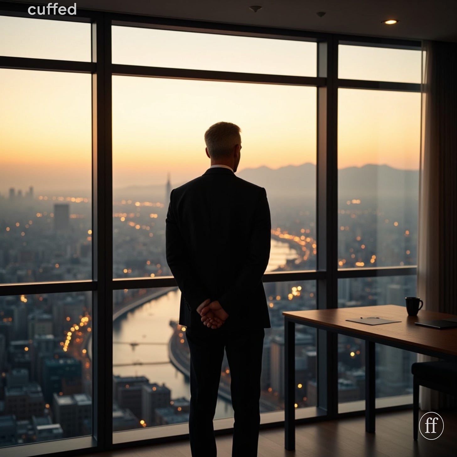 a tall man stands in his lanzhou high-rise office at dusk, hands clasped behind his back as he looks over the yellow river winding through the city. warm amber light fills the minimalist room with cream reflections, evoking masculine stillness, bittersweet pride, and quiet strength. cuffed brand aesthetic — introspective, cinematic, emotionally grounded. logo bottom-right, black fused ff.
