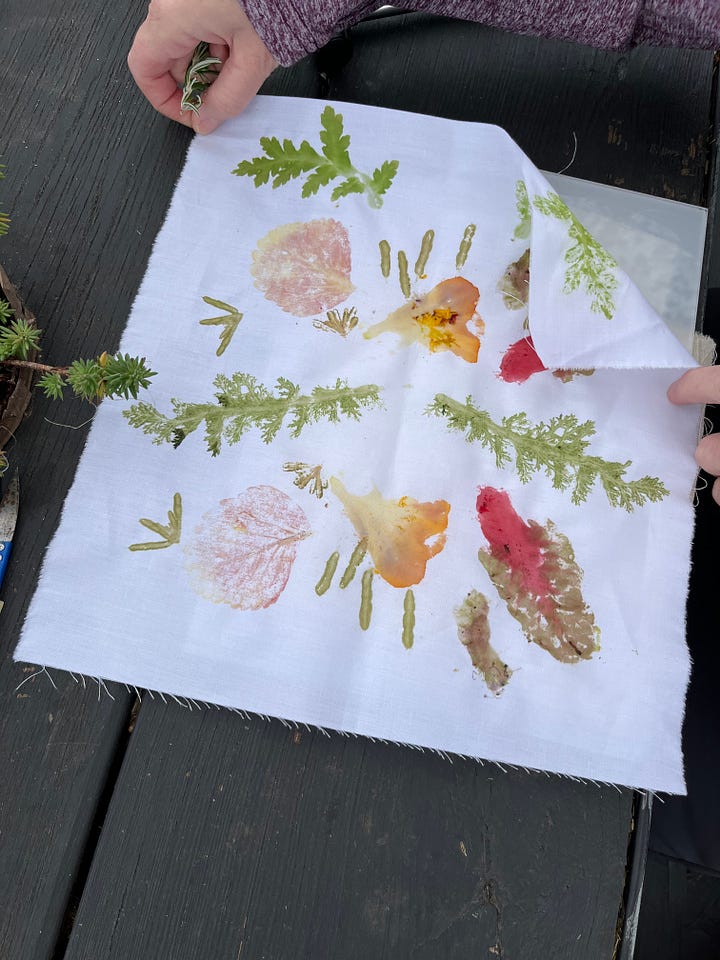 1. Partial view of the Dyer's Circle collaborative colour palette with list of already identified and shared colours [Credit: Dyer's Circle website]; 2. Some hapa zome plant printing at a November workshop in a community garden in East London.