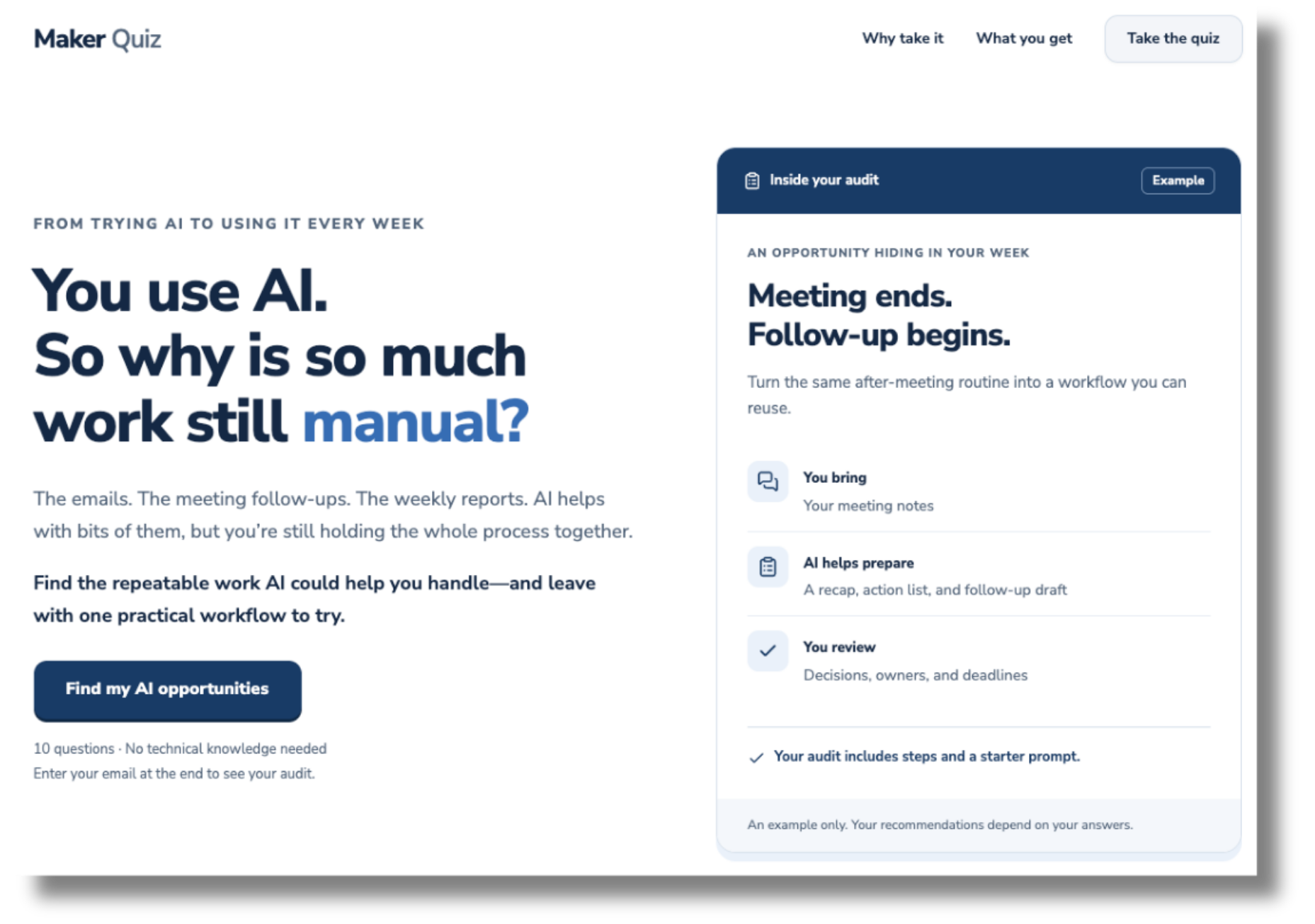 Maker Quiz landing page built with ChatGPT Sites, offering a 10-question AI workflow audit with a sample meeting follow-up workflow.