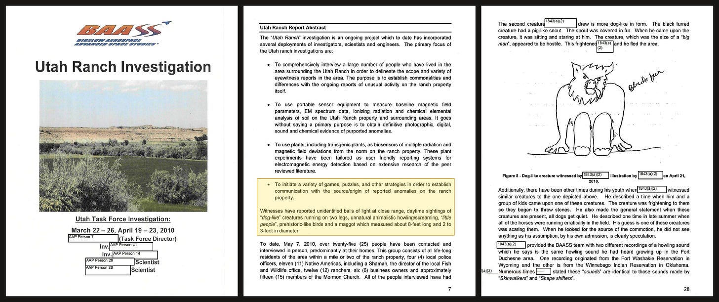 Declassified April 2010 BAASS report (DOW-UAP-D174): Cover (page 1), Report Abstract with the fourth mission objective highlighted (page 7), and witness sketch of the dog-like creature from April 21, 2010 (Figure 8, page 28).