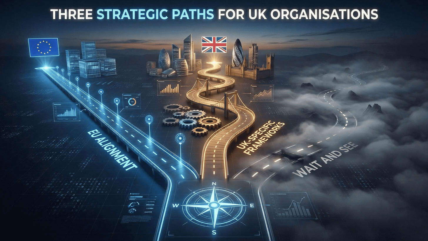 Three diverging pathways representing strategic options: EU alignment, UK-specific frameworks, and wait-and-see approaches. Three diverging pathways representing strategic options: EU alignment, UK-specific frameworks, and wait-and-see approaches.