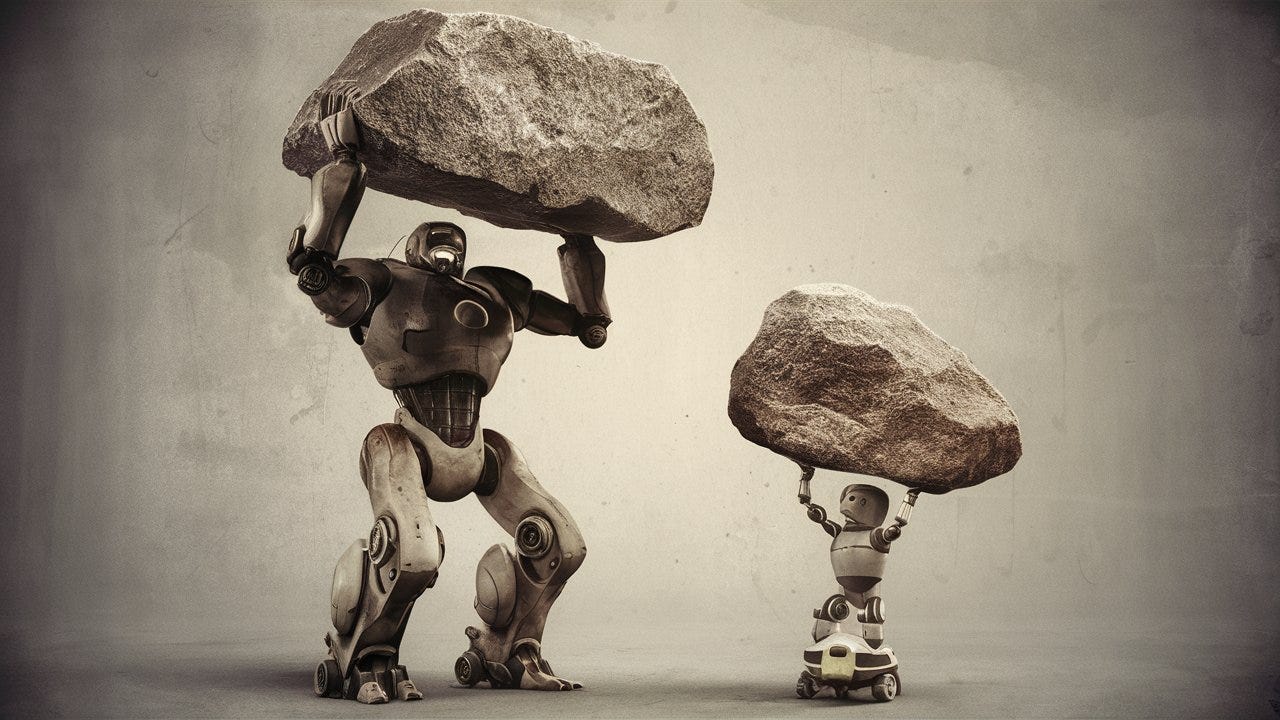 An AI-generated image of a big robot and a small robot, both lifting large rocks above their heads