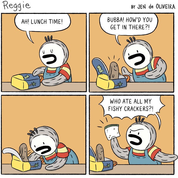 Reggie the kid penguin is excited to open their lunchbox in the cafeteria. He is surprised to see his stuffed friend Bubba inside and asks Bubba how they got in there. Reggie finds an empty bag and frowns asking what happened to the fishy crackers. Bubba looks sad. 