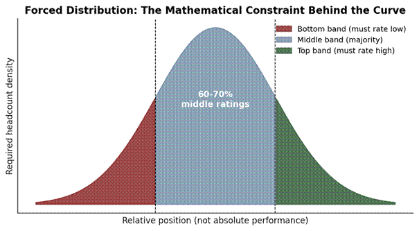 Title: The mathematical constraint behind any forced distribution: the curve requires a bottom band whether or not any contributor underperformed. - Description: The mathematical constraint behind any forced distribution: the curve requires a bottom band whether or not any contributor underperformed.