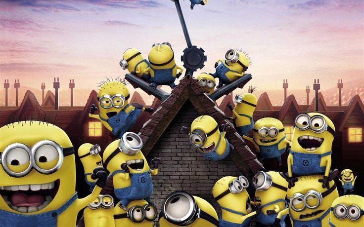 A large crowd of small yellow cartoon figures swarms over a rooftop, clustered around a chimney, all in motion and reaching in different directions.