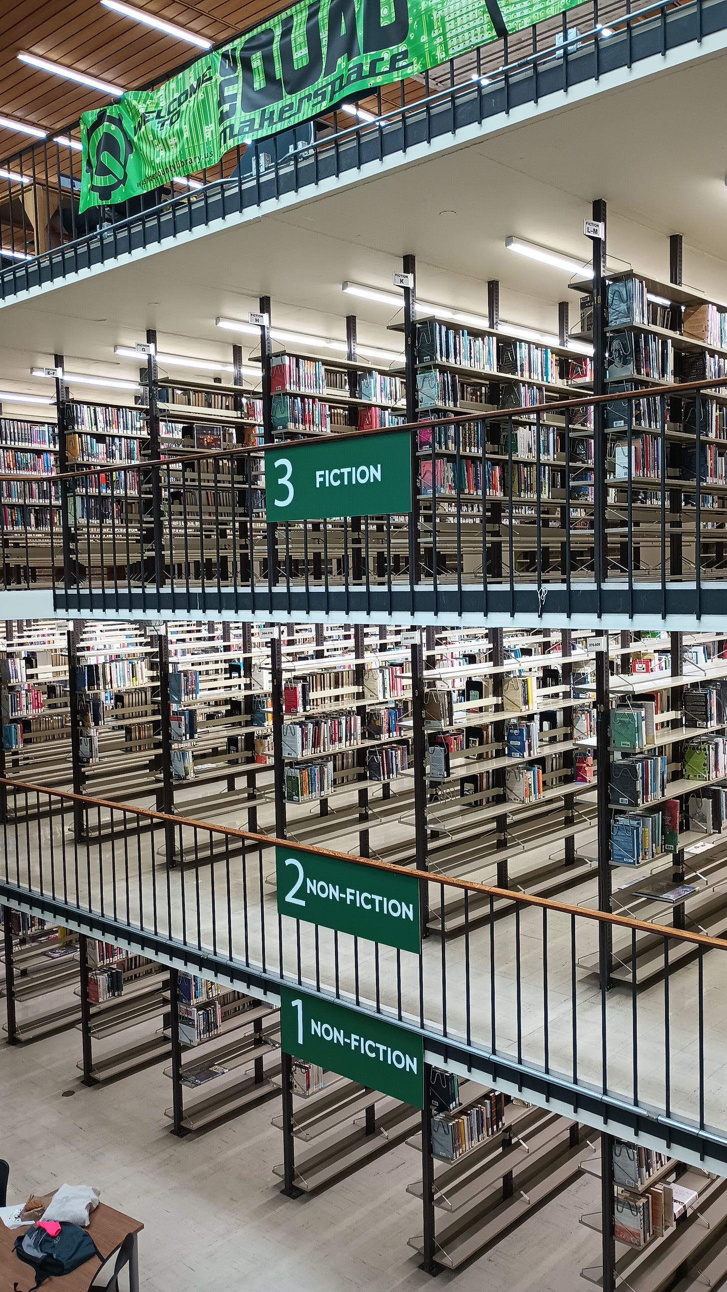 photo of the four stories of the library, with book shelves