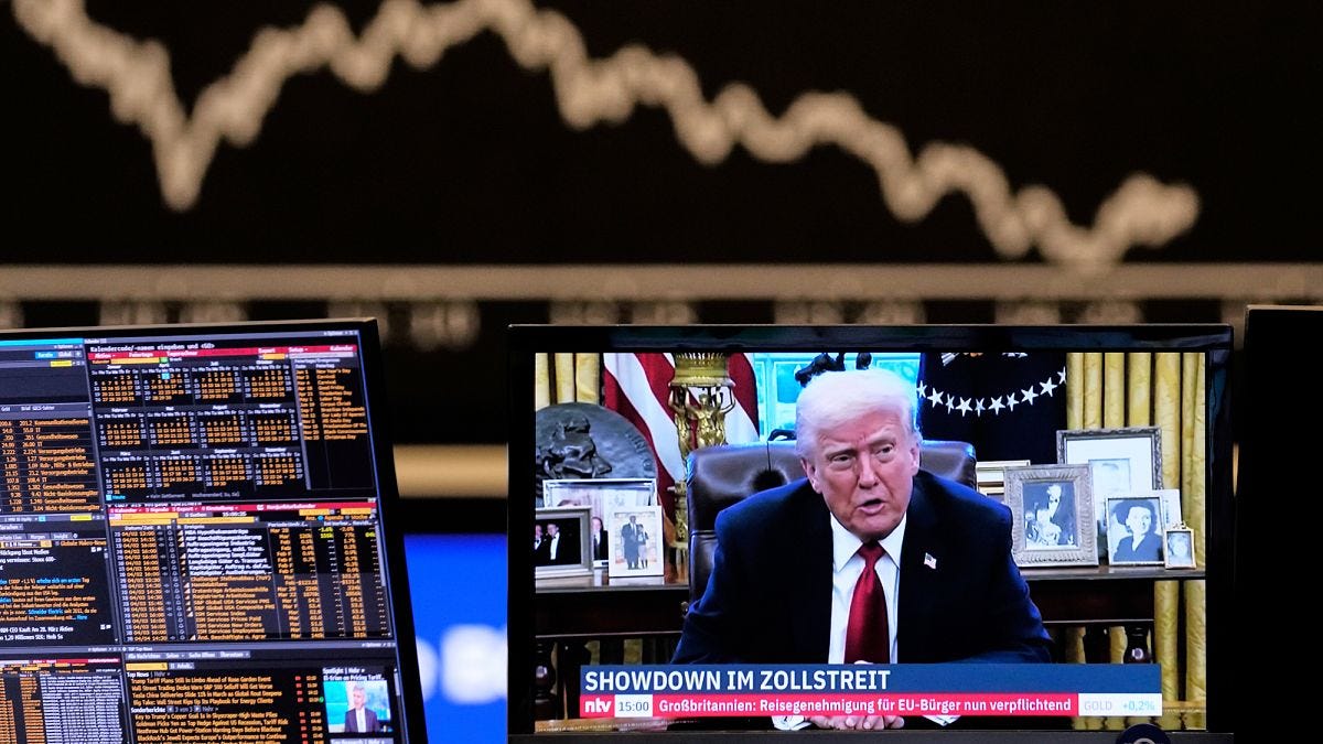 Us President Donald Trump appears on a television screen at the stock market in Frankfurt, Germany, Wednesday, April 2, 2025. Us President Donald Trump appears on a television screen at the stock market in Frankfurt, Germany, Wednesday, April 2, 2025.