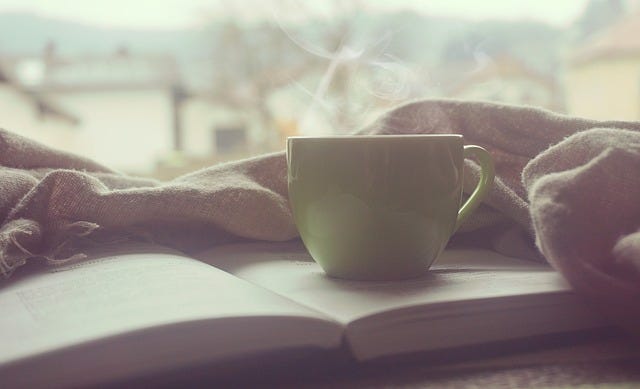 Mug sitting on a book with a blanket