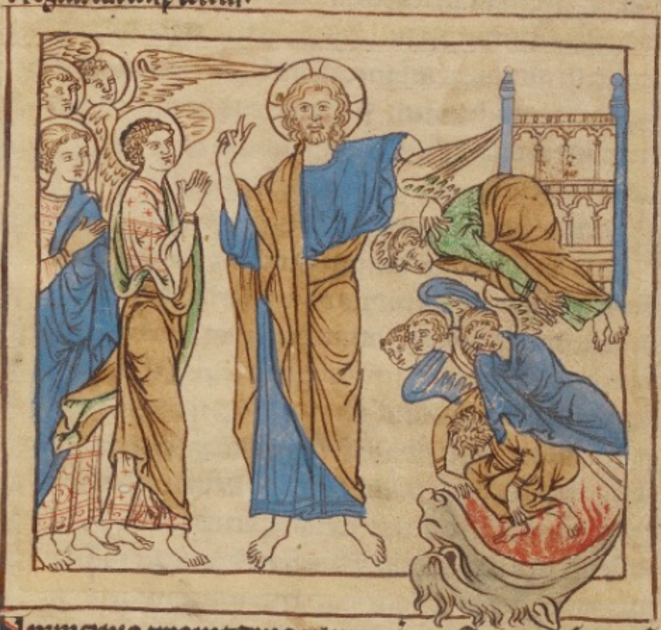 A detailed image from the Northumberland Bestiary depicting Jesus in the centre, with a group of devout angels on one side, and others being consumed by a flaming beast on the other. A detailed image from the Northumberland Bestiary depicting Jesus in the centre, with a group of devout angels on one side, and others being consumed by a flaming beast on the other.