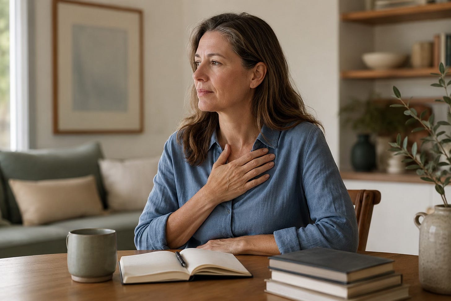 A woman seated at a table with one hand resting on her chest, looking thoughtful in soft natural light. A woman seated at a table with one hand resting on her chest, looking thoughtful in soft natural light.