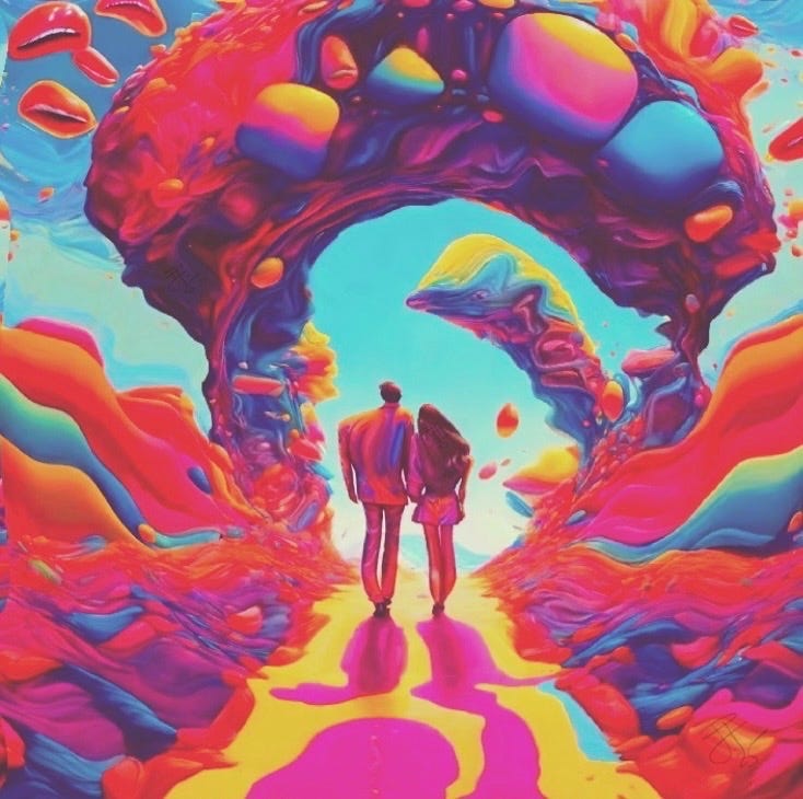 man and woman walking through surreal world