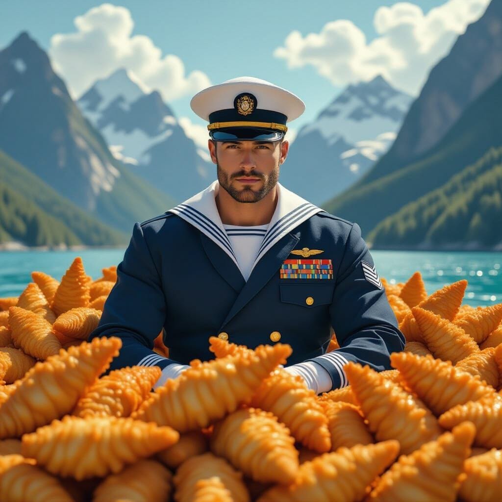 A sailor surronded by mountains of fried fish A sailor surronded by mountains of fried fish