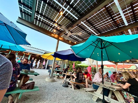 BLT, beer, cornhole, umbrellas, picnic tables