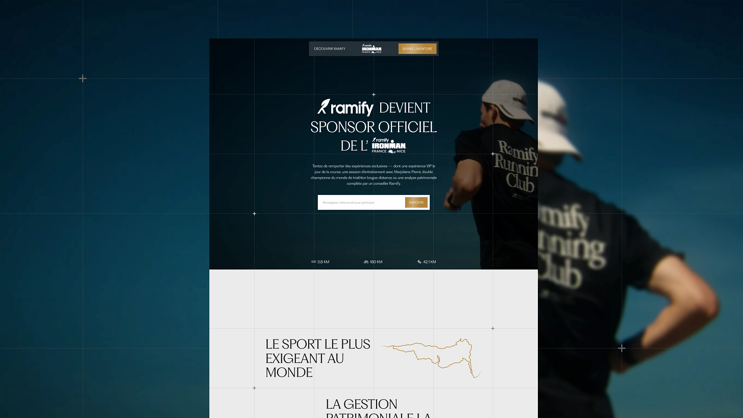 Vue de la landing page officielle du partenariat Ramify IRONMAN Nice