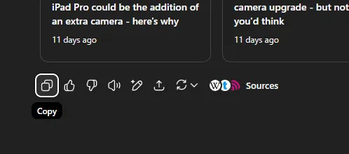 screenshot of ChatGPT chat result options: copy, thumbs up, thumbs down, read out loud, etc.