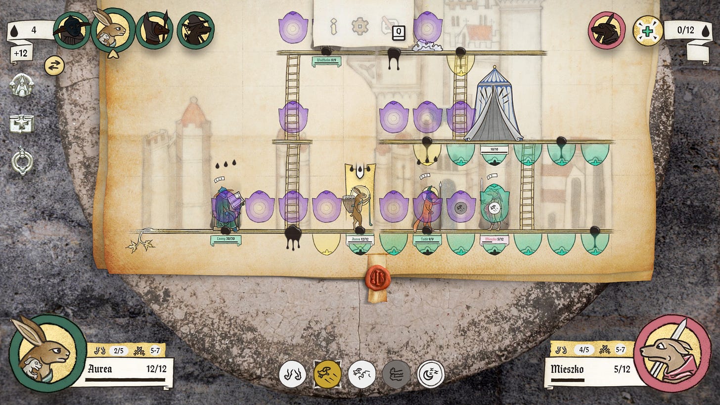 A screenshot of the game Inkulinati, showing a battle in progress as the Hare with Basket aims the exploding puppies at a dog with a sword.