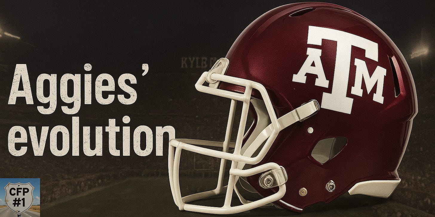 Texas A&M football helmet inside Kyle Field with the text "Aggies’ evolution" referring to head coach Mike Elko and Texas A&M’s 2025 playoff identity. Deals on fan gear, seats and premium Texas A&M Football coverage at www.NattyRoad.com