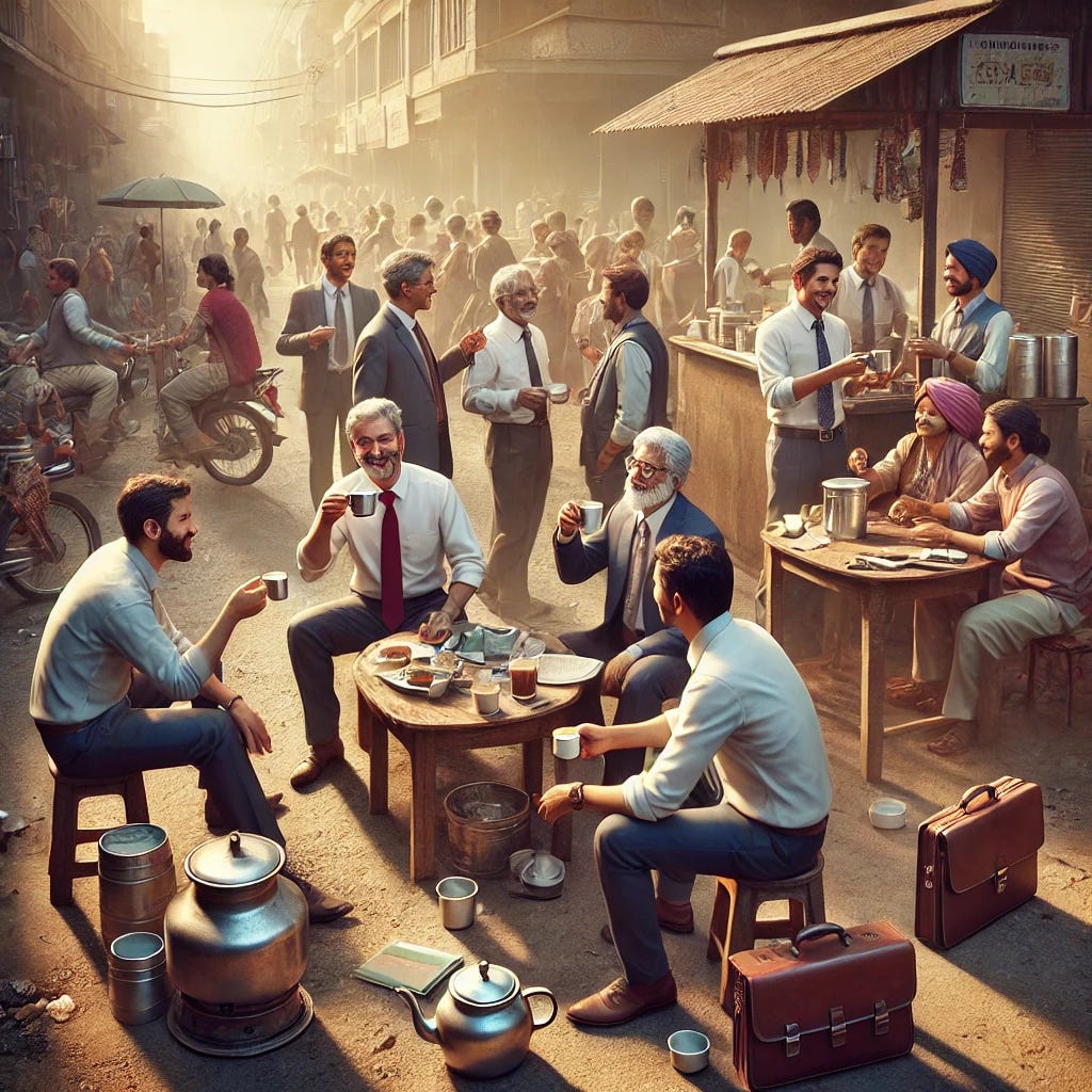 A hyper-realistic scene of a small, bustling roadside tea stall in India during morning hours, with diverse businesspeople casually gathered around, enjoying tea in small glass cups. They’re engaged in animated conversations, some laughing, others intently listening, with notebooks, mobile phones, and briefcases nearby, showing informal networking in action. The environment is lively and warm, with sunlight streaming through, creating a sense of camaraderie and collaboration in a simple, everyday setting. Traditional elements like a clay stove, teacups, and the tea vendor working in the background add to the authenticity of the scene.