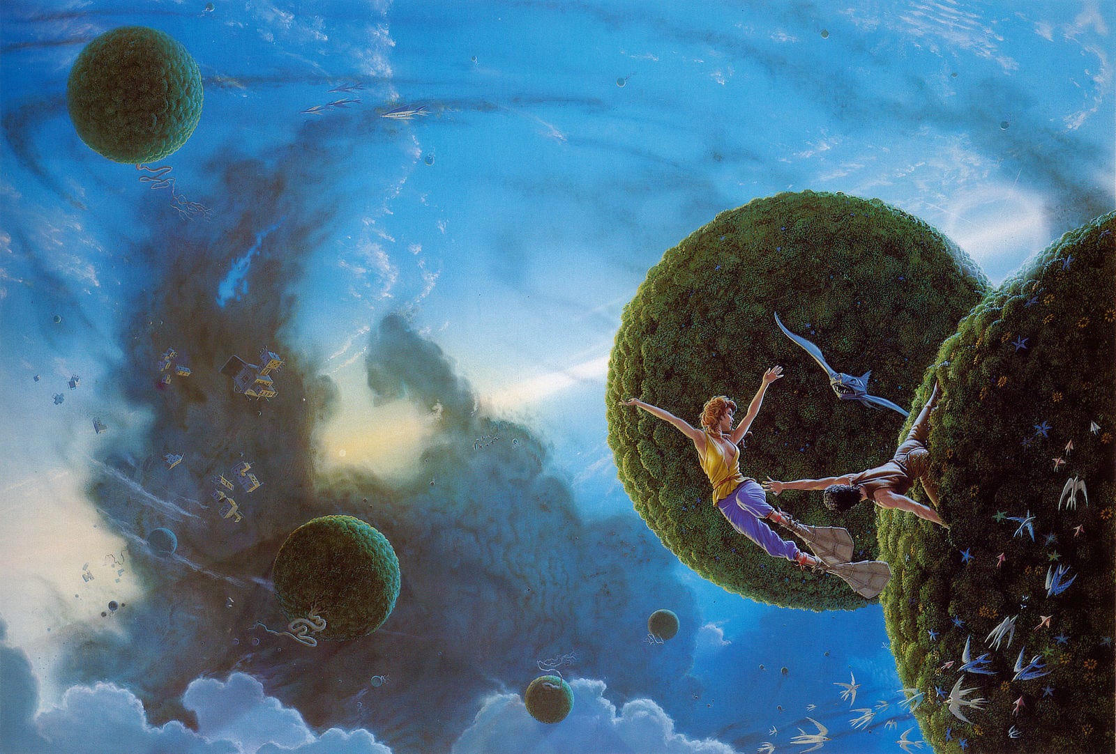 An abstract environment of blue sky crossed by a defuse line of pale yellow light radiating between two distant suns to form a tilted false horizon. In the immediate foreground right, a man extends out from a spherical puffball of plant matter to grab at a woman with swim flippers floating gravity free. She is costumed in a yellow sleeveless top with plunging neckline that is cinched at the waist. Her lavender pants are similarly light fabric, and she wears something akin to webbed swim flippers on her feet. The movement and light evokes and under the sea feeling, but there is no water. An abstract environment of blue sky crossed by a defuse line of pale yellow light radiating between two distant suns to form a tilted false horizon. In the immediate foreground right, a man extends out from a spherical puffball of plant matter to grab at a woman with swim flippers floating gravity free. She is costumed in a yellow sleeveless top with plunging neckline that is cinched at the waist. Her lavender pants are similarly light fabric, and she wears something akin to webbed swim flippers on her feet. The movement and light evokes and under the sea feeling, but there is no water.