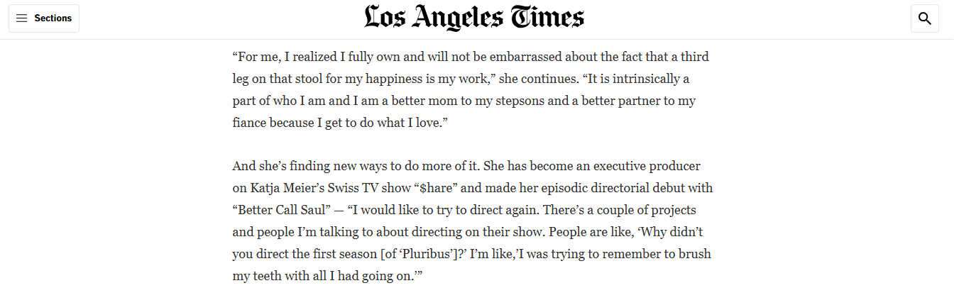Screenshot of the LA Times interview with Rhea Seehorn that mentions $hare and Better Call Saul in one sentence