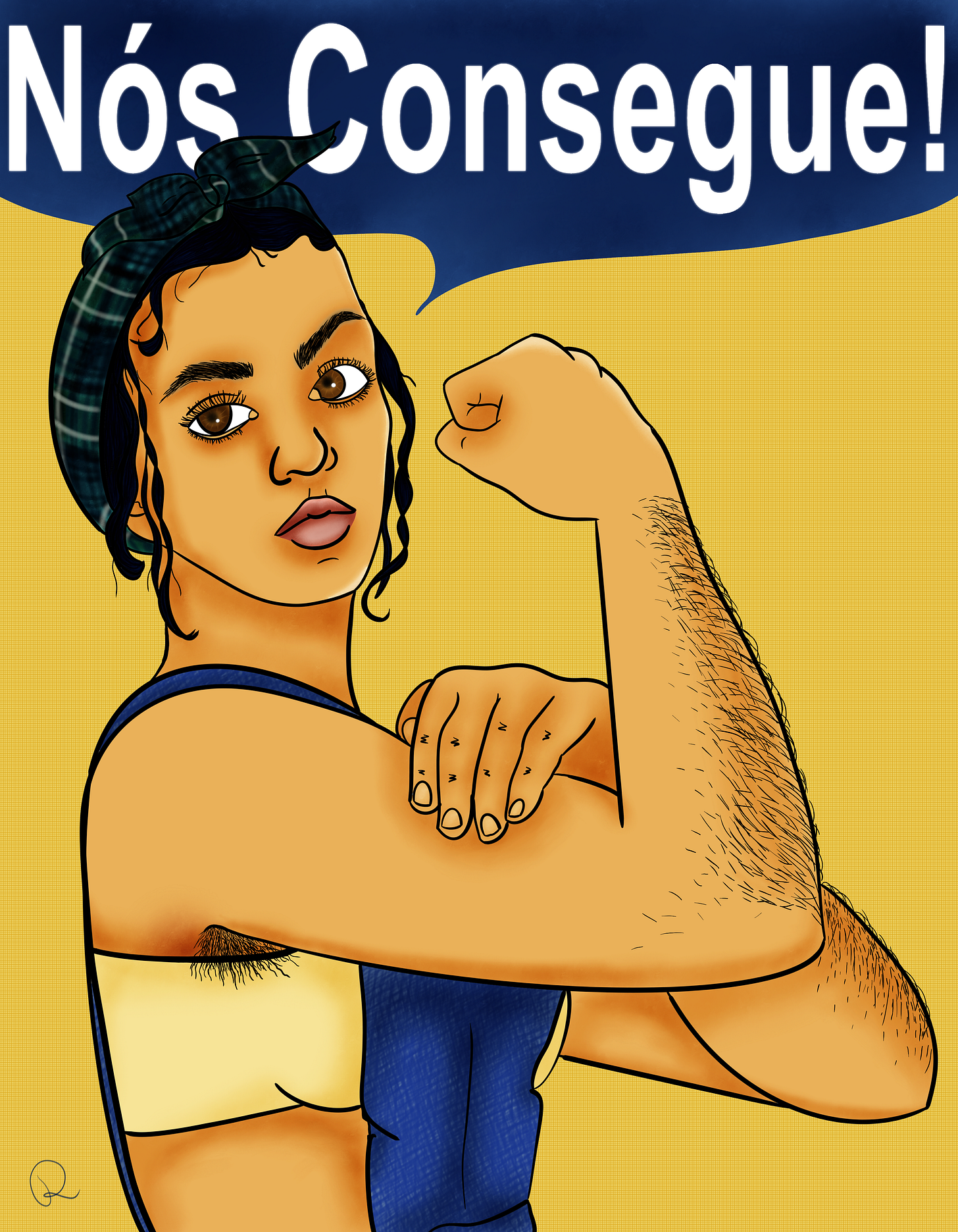 Versão do cartaz "We can do It!" mostra mulher de pele não branca, com nuances douradas, mostrando o músculo do bíceps direito, com a mão esquerda apoiada sobre ele. A mulher tem cabelos escuros presos por um lenço xadrez verde e azul. Algumas mechas de cabelo aparecem soltas para fora do lenço. Ela tem grandes olhos castanhos, nariz arredondado e lábios carnudos e rosados. A personagem veste uma jardineira jeans azul sobre um top amarelo. Destacam-se muitos pelos no corpo, especificamente na axila e nos braços. O fundo da imagem é de um amarelo texturizado e ao topo há um balão de fala azul com um letreiro branco onde lê-se: "Nos consegue!"