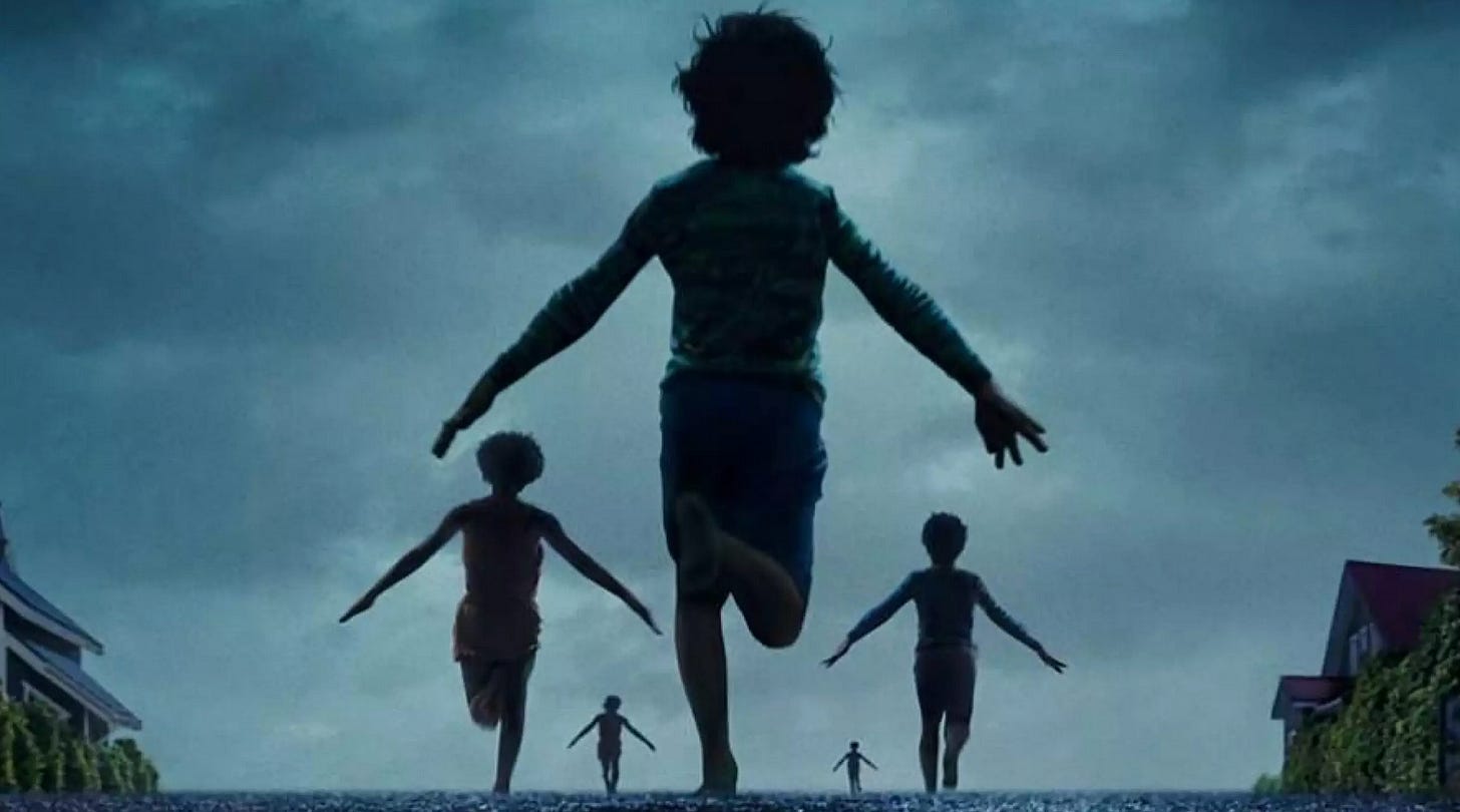 silhouettes of children running with their arms out down a street; the silhouettes are staggered, with one close, and four progressively further back. the sky is dark; there are houses just visible off to each side.