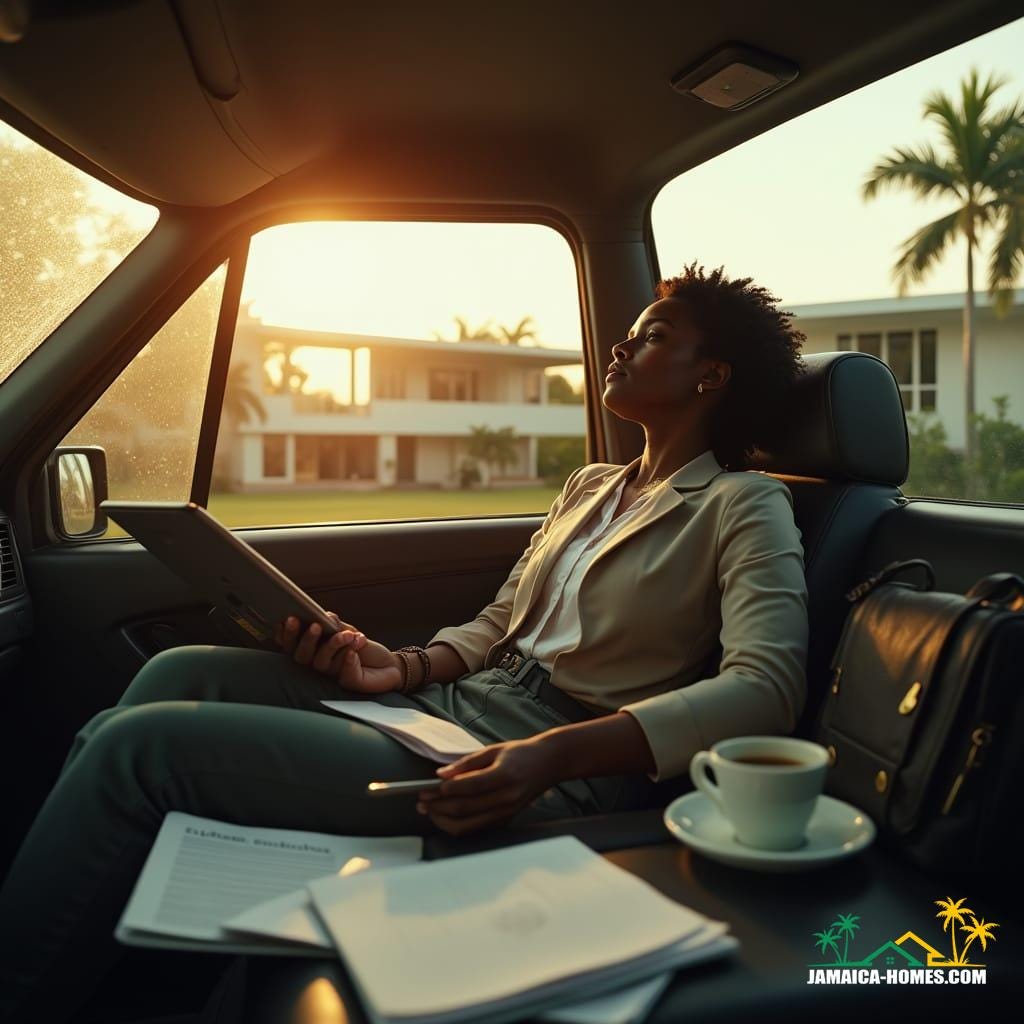A Jamaican female realtor, stylish in a crisp business attire, visibly overworked, sits in her car, surrounded by real estate documents, a laptop bag, and a phone, with a coffee cup, folders, and keys scattered around, warm tropical sunlight casting a cinematic glow, her exhausted yet determined expression reflected in the rearview mirror, outside, a modern Caribbean-style house with swaying palm trees, film grain and vignette adding depth, color graded to evoke a sense of fatigue and determination, shot on 35mm film with cinematic lighting, Noe Alcantara, Ash Thorp, and Simon Stalenhag's atmospheric and dramatic styles infused.