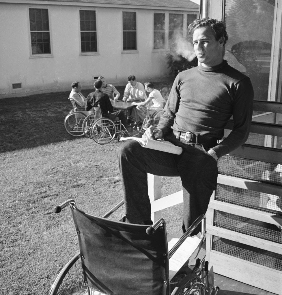 Marlon Brando while training for his role in The Men, at the Birmingham Veterans Administration Hospital, Van Nuys, Calif., 1949.