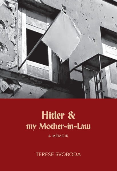 Cover image for Hitler and my Mother-in-Law, featuring beige text on a burgundy background below a greyscale image of a tattered white flag flying outside a window on a battered wall