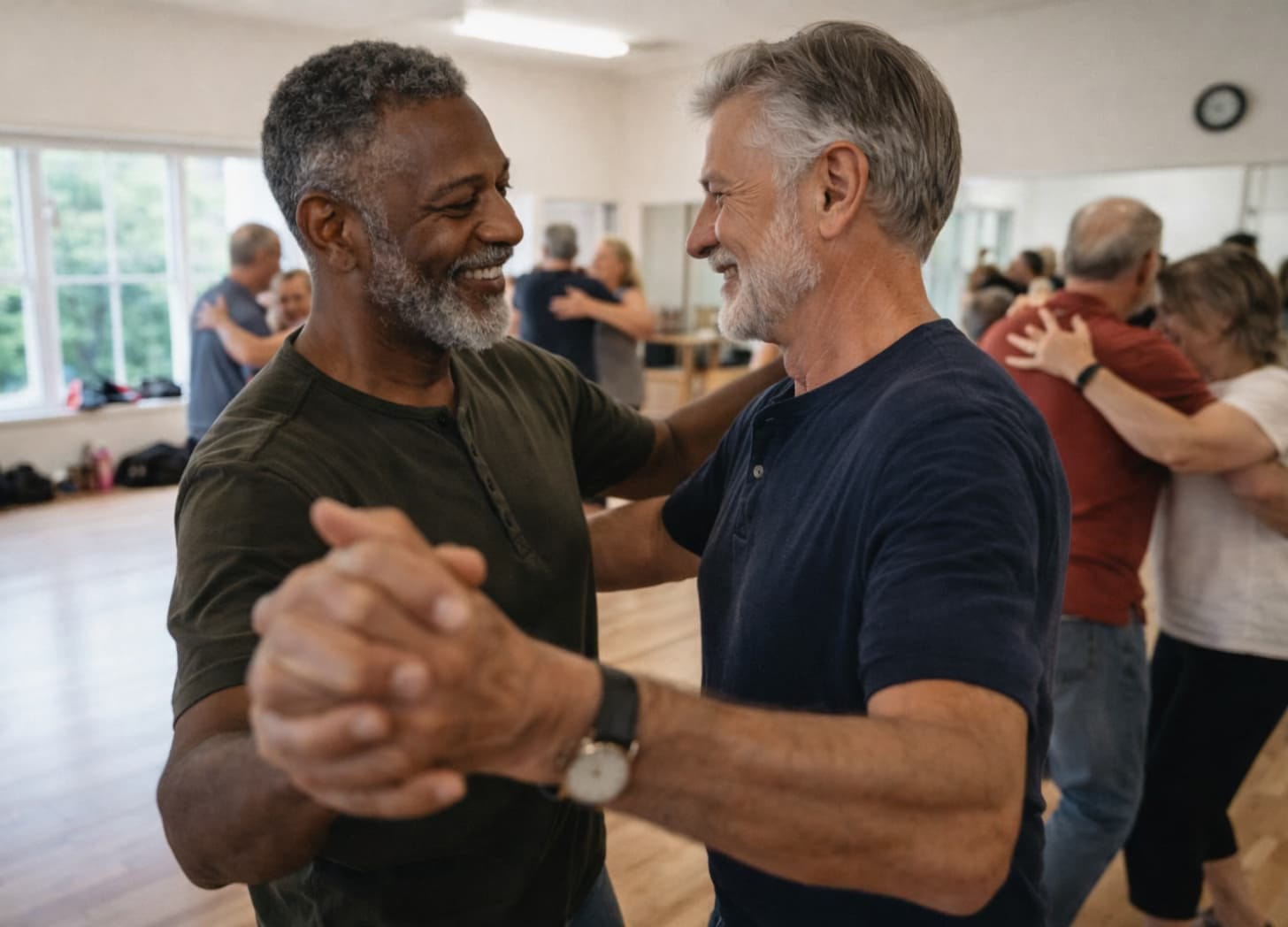 Two men dancing in a dance class
