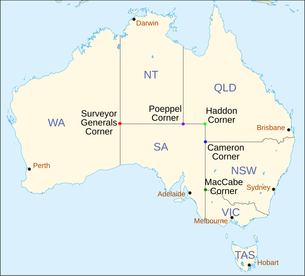 another map of Australia, this time with the five named corners marked where multiple states (or territories), one of which is always South Australia, meet
