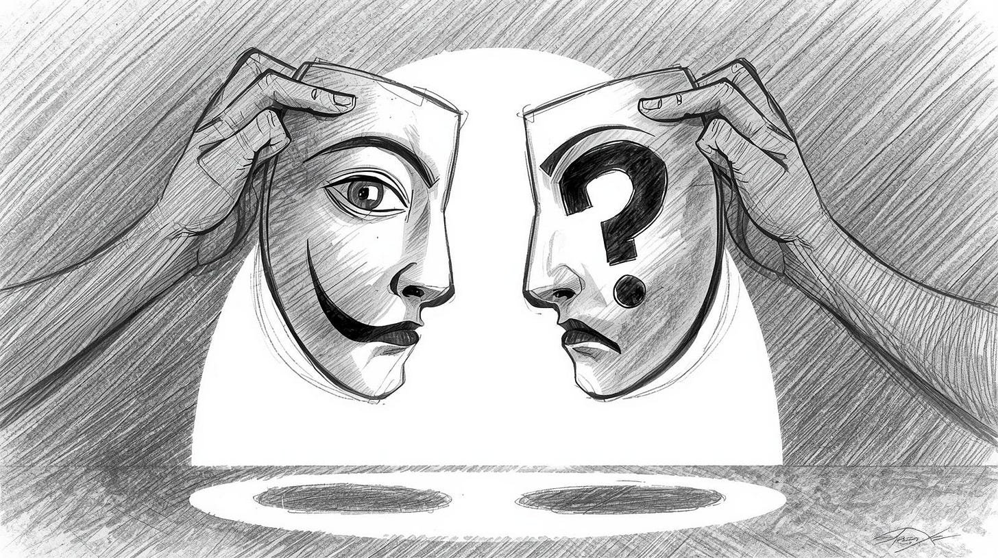 Two theatrical masks held by the same hands under a shared spotlight