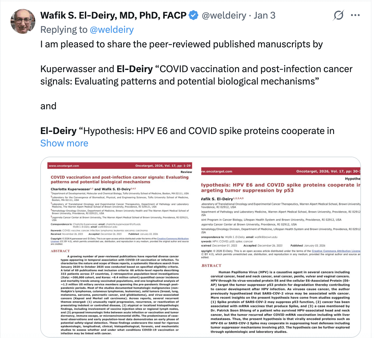 Tweet du Dr El-Deiry n° 1